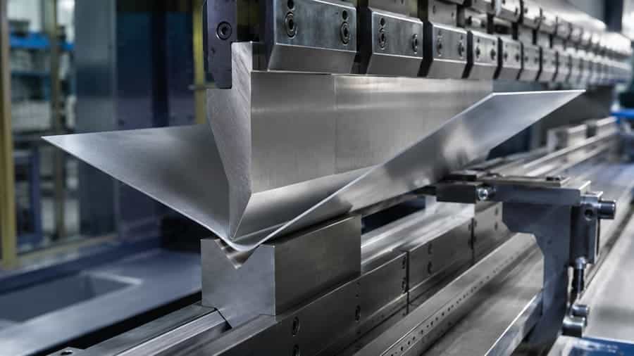 Opération de pliage d'une tôle en aluminium 5754 sur presse plieuse industrielle chez Poncin Métal