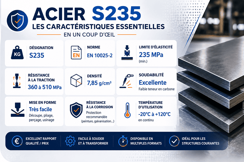 Infographie présentant les caractéristiques de l'acier S235 : limite d'élasticité 235 MPa, résistance à la traction, soudabilité, densité et applications industrielles.