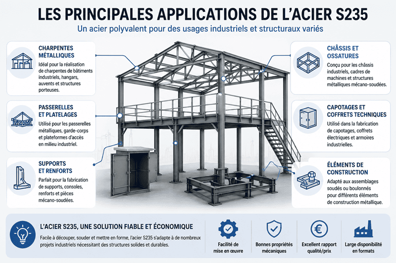 Infographie illustrant les principales applications de l'acier S235 : charpentes métalliques, châssis industriels, capotages, coffrets techniques, passerelles, supports mécaniques et éléments de construction.