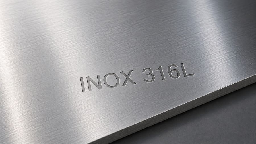 Surface de tôle en acier inoxydable 316L poli illustrant les caractéristiques de ce matériau industriel résistant à la corrosion