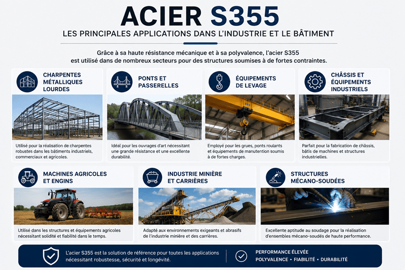 Infographie présentant les principales applications de l'acier S355 : charpentes métalliques lourdes, ponts, passerelles, équipements de levage, châssis industriels, machines agricoles, industrie minière et structures mécano-soudées.
