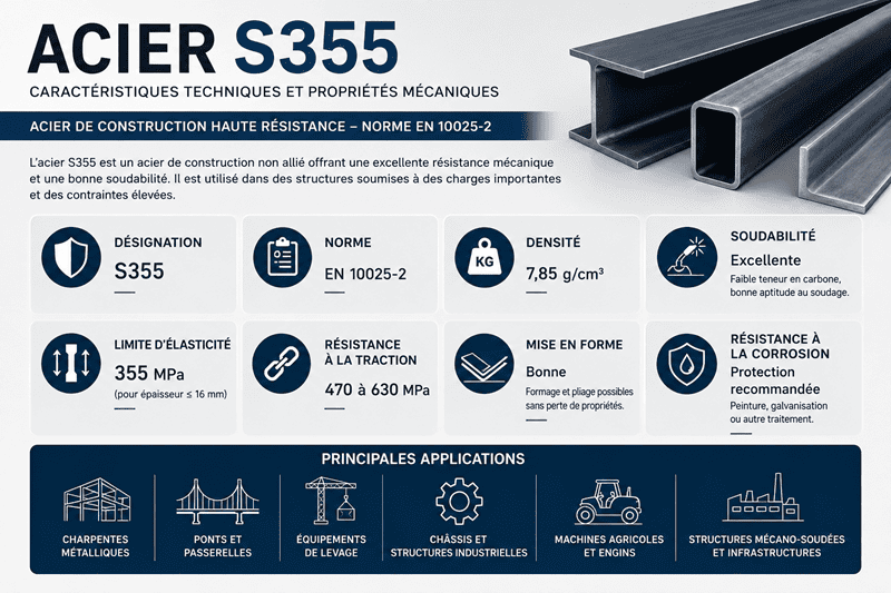 Infographie présentant les caractéristiques de l'acier S355 : limite d'élasticité 355 MPa, résistance à la traction, soudabilité, densité et principales applications industrielles.