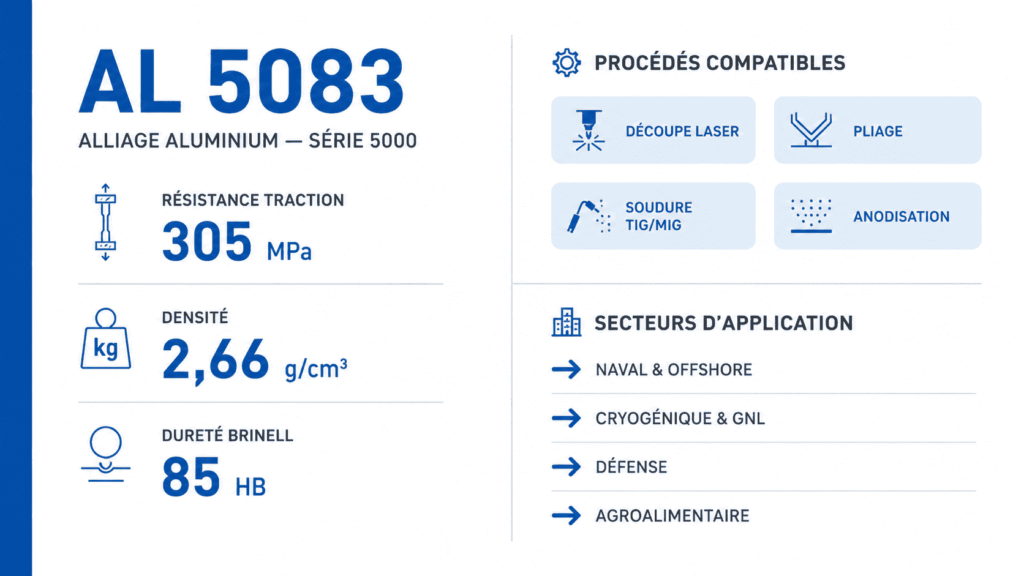 Fiche technique de l’aluminium 5083 avec résistance mécanique, densité, dureté, procédés compatibles et secteurs d’application industriels