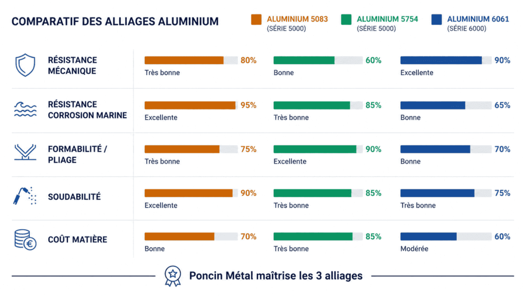nfographie comparative des alliages aluminium 5083, 5754 et 6061 selon la résistance mécanique, corrosion marine, pliage, soudabilité et coût matière