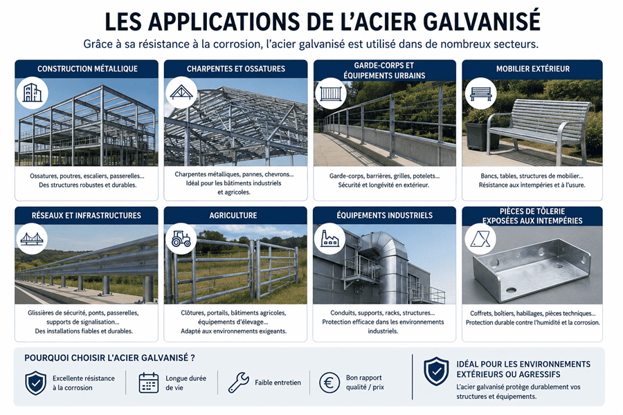 Infographie présentant les principales applications de l'acier galvanisé : construction métallique, charpentes, garde-corps, mobilier extérieur, infrastructures, agriculture, équipements industriels et pièces de tôlerie exposées aux intempéries.