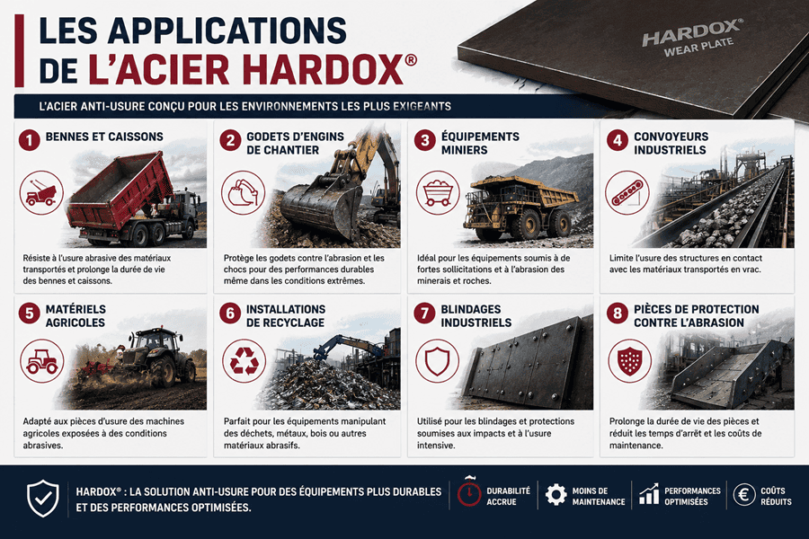 Infographie présentant les principales applications de l'acier Hardox : bennes, godets d'engins de chantier, équipements miniers, convoyeurs industriels, matériels agricoles, recyclage et blindages industriels.