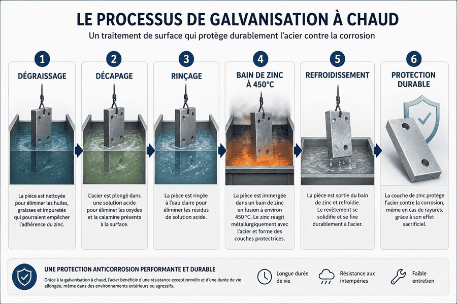 Infographie présentant les étapes de la galvanisation à chaud de l'acier : dégraissage, décapage, rinçage, bain de zinc à 450°C, refroidissement et protection anticorrosion.