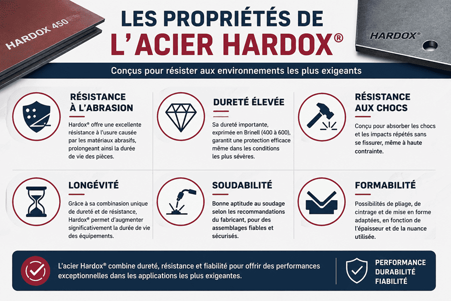 Infographie présentant les propriétés de l'acier Hardox : résistance à l'abrasion, dureté élevée, résistance aux chocs, longévité, soudabilité et formabilité.